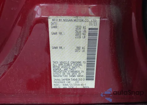 2013 Nissan Altima 2.5 Sv z USA, uszkodzony, nr VIN 1N4AL3AP8DN566303